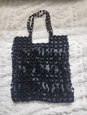 Vintage Giorgio of Beverly Hills Black Silk Handbag with Chain Beads 9" x 8
